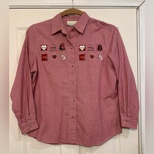 Casey & Max Red Christmas Women Long Sleeve  Button Up Large Blouse.      2404